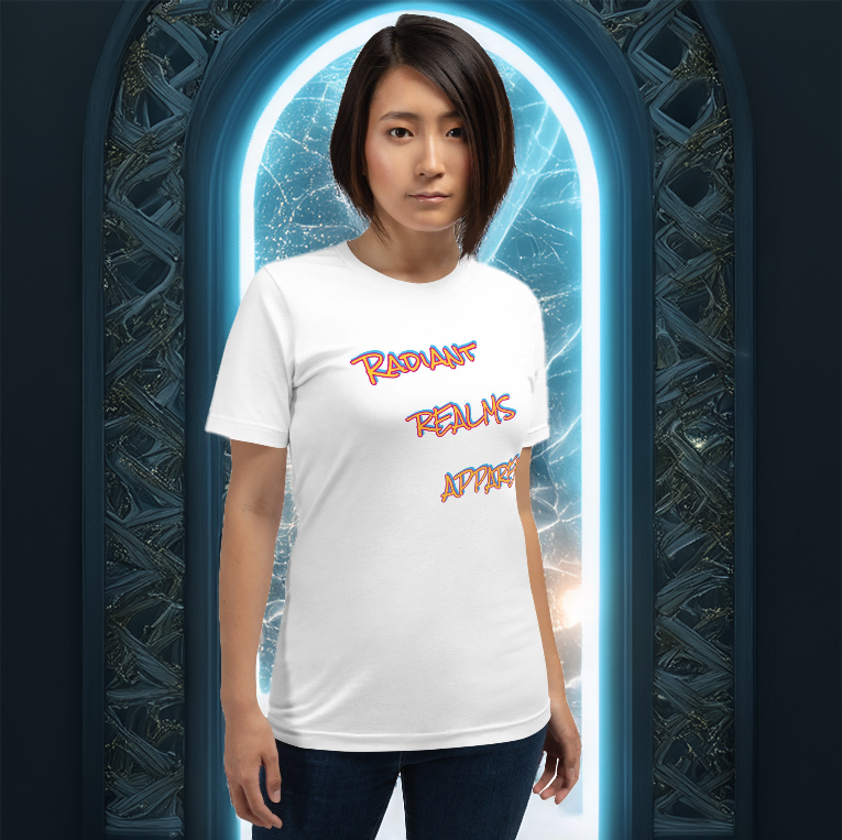 A woman stands in front of a glowing ice-blue portal, wearing a white T-shirt featuring "Radiant Realms Apparel" in a bold, graffiti-style font on the front. The vibrant red, blue, and orange lettering adds an electrifying contrast to the clean white fabric, making it the perfect statement piece for those who love bold, modern, and otherworldly fashion.