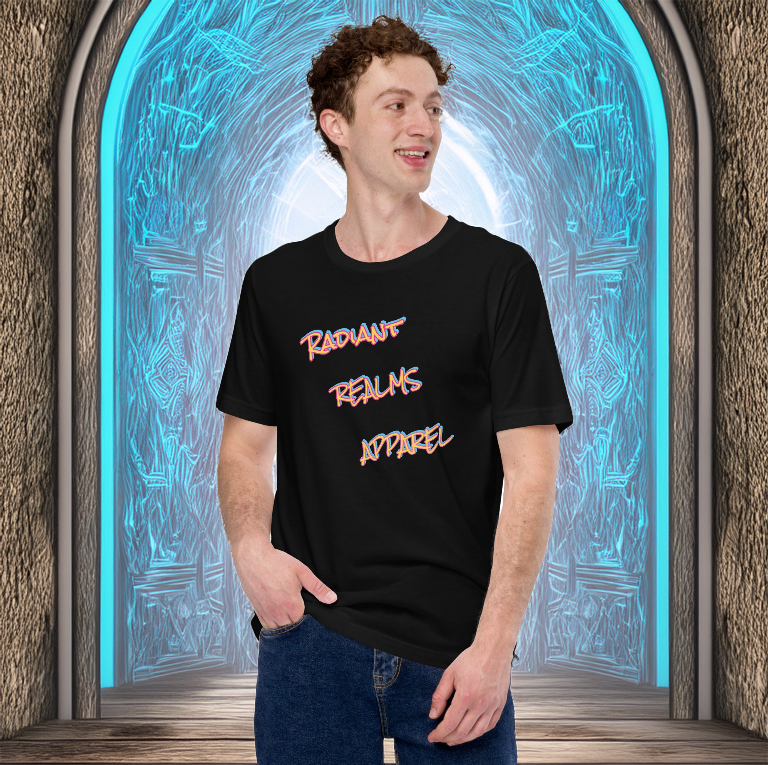 A man stands confidently in front of a glowing blue portal, wearing a black T-shirt with "Radiant Realms Apparel" in a vibrant graffiti-style font on the front. The bold, futuristic lettering pops against the dark fabric, making a statement of creativity, adventure, and unique style. Perfect for those who embrace bold aesthetics and realm-inspired fashion.