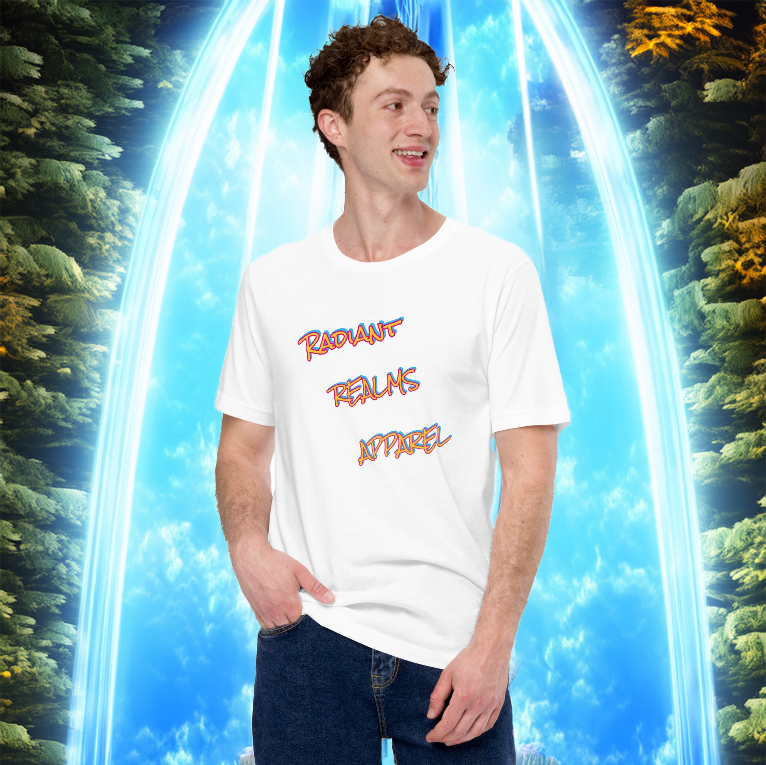 A white T-shirt featuring the Radiant Realms Apparel logo in a bold, graffiti-inspired font with striking red, blue, and orange hues. The design gives off an urban, streetwear aesthetic, making it a standout addition to any outfit. The model poses confidently in front of a majestic glowing portal, surrounded by lush green trees and radiant energy beams, evoking a sense of adventure and limitless possibilities.
