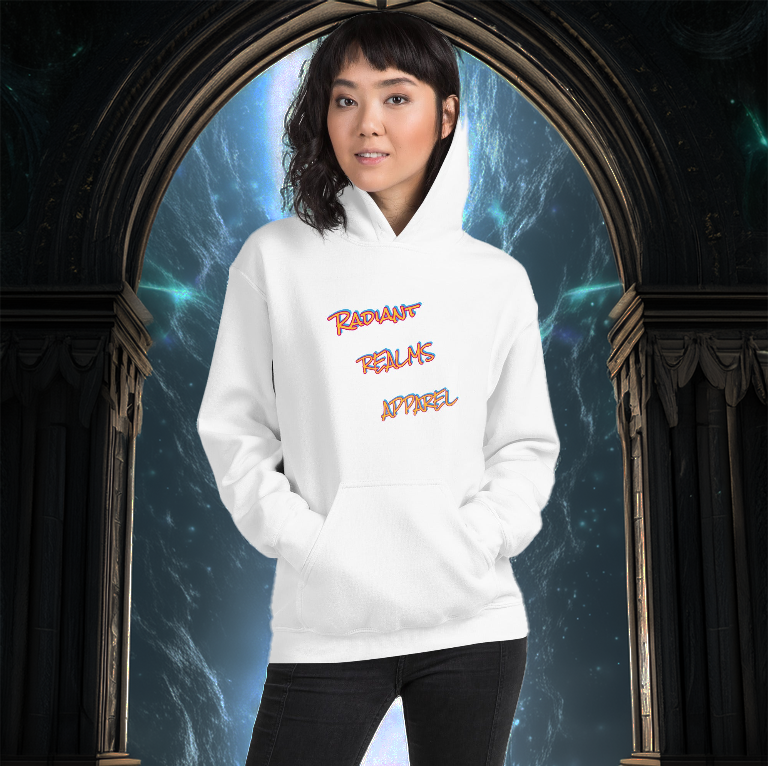 Woman wearing a white hoodie featuring the Radiant Realms Apparel logo in a bold, glowing font, standing in front of a mystical arched gateway with a cosmic energy backdrop. Minimalist yet striking hoodie for those who embody radiant energy.