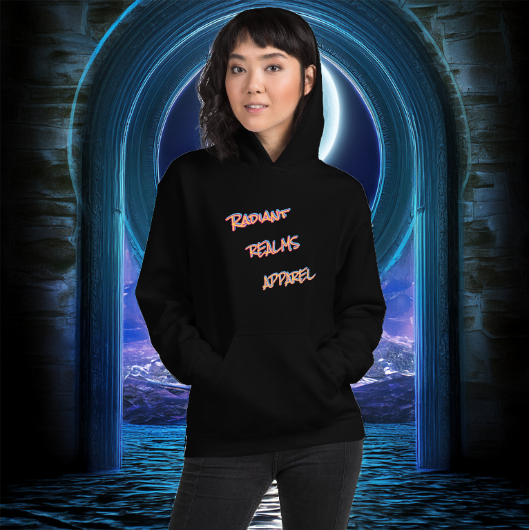 Black hoodie featuring the Radiant Realms Apparel logo in a bold, vibrant font. The backdrop showcases a mystical blue portal under the moonlight, symbolizing adventure, creativity, and limitless possibilities.