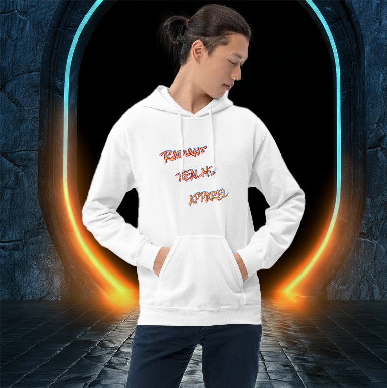 White hoodie featuring the Radiant Realms Apparel logo in an electrifying, bold font. Set against a mystical portal backdrop, this hoodie embodies adventure, creativity, and the essence of stepping into new realms.