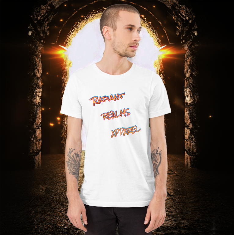 Radiant Realms Apparel White Logo T-Shirt – Minimalist Streetwear Tee with Bold Graffiti-Style Text. Trendy urban fashion statement for everyday wear.