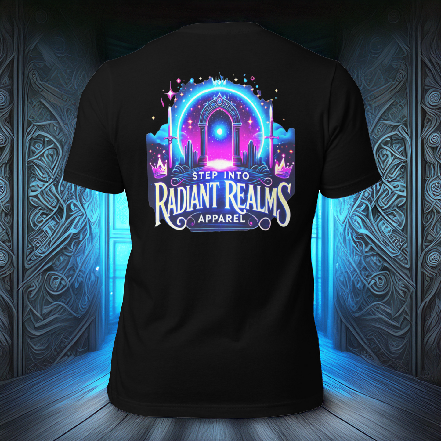 Realm Official Tee in black, displayed against an ancient glowing blue portal background. The vibrant neon gateway design with 'Step into Radiant Realms Apparel' text creates an immersive, fantasy-inspired look.