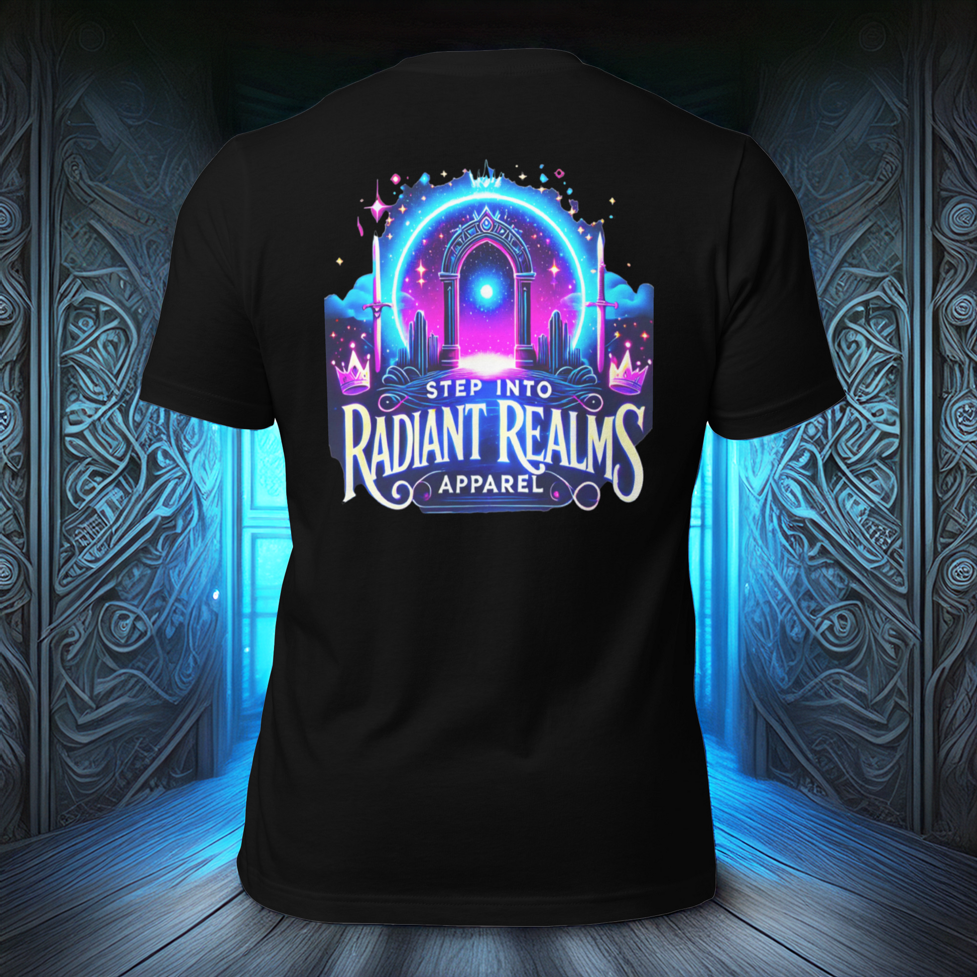 Realm Official Tee in black, displayed against an ancient glowing blue portal background. The vibrant neon gateway design with 'Step into Radiant Realms Apparel' text creates an immersive, fantasy-inspired look.
