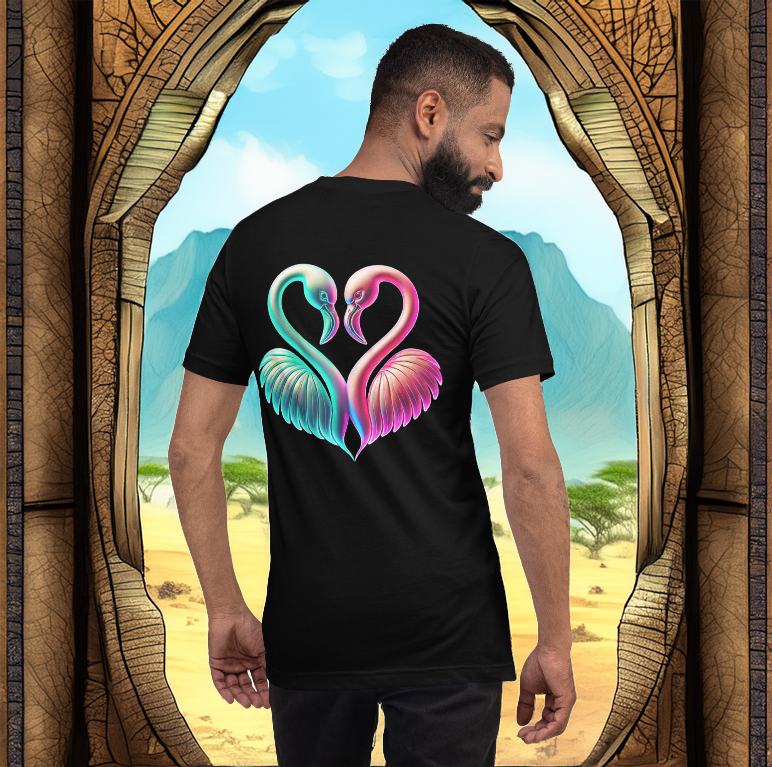 Male model wearing the Eternal Unity Tee in black, featuring two neon flamingos forming a heart with their wings. The backdrop showcases an ancient arched gateway opening to a sunlit desert oasis, symbolizing love, connection, and adventure.