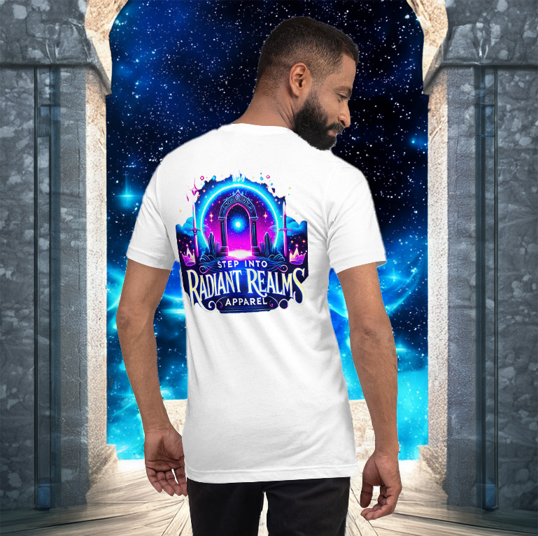 Male model wearing the Realm Official Tee in white, standing before a grand cosmic portal framed by ancient stone arches. The neon gateway design with 'Step into Radiant Realms Apparel' radiates an aura of mystery and adventure.