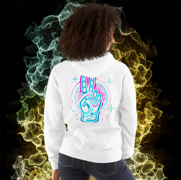 A woman wearing a white hoodie featuring a neon-style peace hand sign design in glowing blue and pink tones, with geometric accents and sparkles. She stands against a dynamic, electrifying backdrop of swirling golden and teal energy.