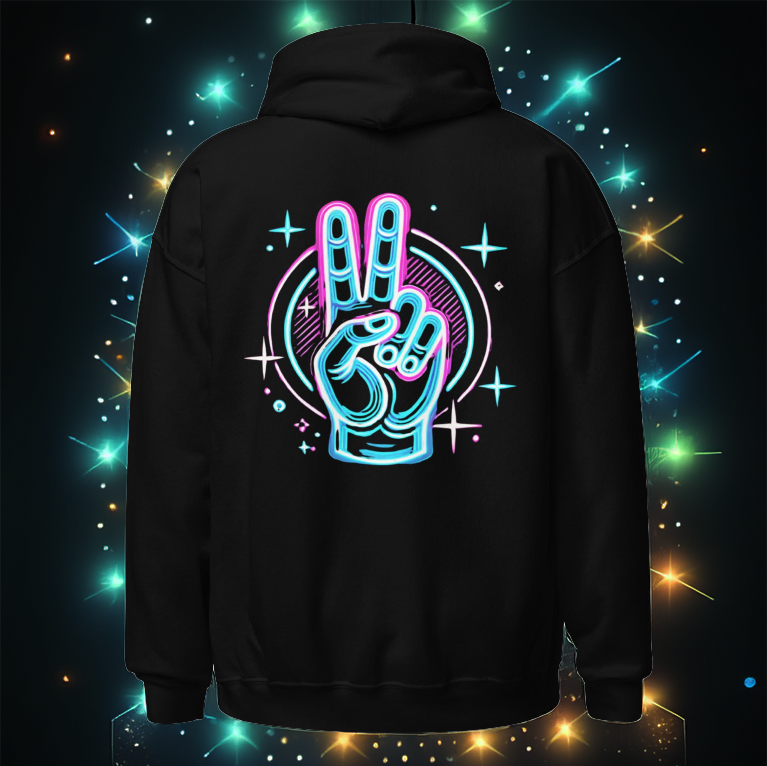 Black hoodie featuring a neon peace hand sign design on the back, displayed against a glowing background with colorful starbursts and radiant energy.