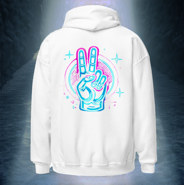 White hoodie featuring a neon peace hand sign design on the back, set against a mystical glowing background with a radiant, ethereal ambiance.
