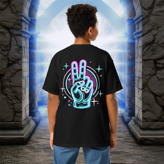 Black youth T-shirt featuring a neon peace hand sign design on the back, set against a fantasy-inspired glowing portal background.