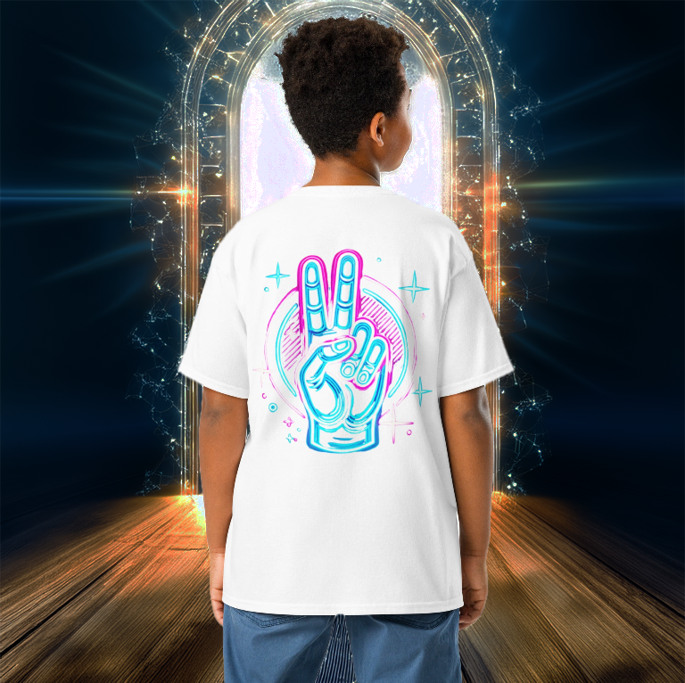 Youth white T-shirt featuring a neon peace hand design with blue and pink glowing accents, worn by a child standing before a radiant golden gateway.