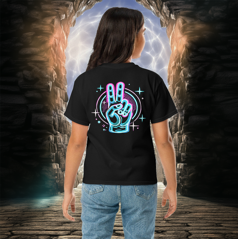 Youth black T-shirt featuring a neon peace hand design with blue and pink glowing accents, worn by a child standing in an illuminated stone archway.