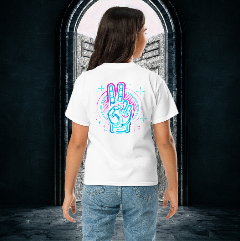 White youth T-shirt featuring a neon peace hand sign design on the back, set against a mystical gateway background.