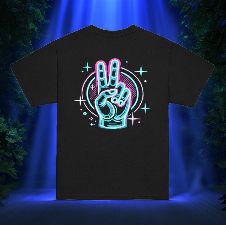 Black youth T-shirt featuring a neon peace hand design with glowing blue and pink accents, set against a mystical blue-lit forest backdrop.