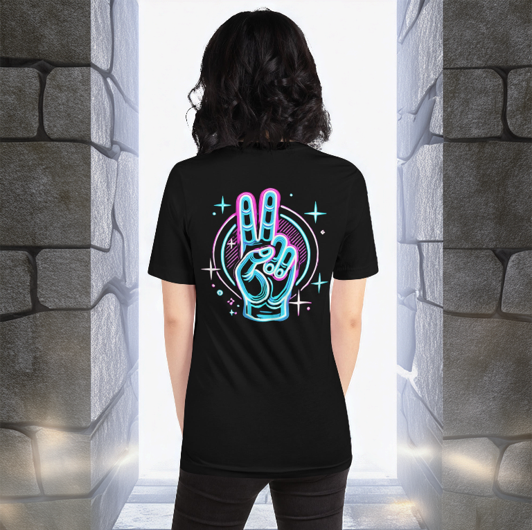 Women's black t-shirt featuring a neon peace hand sign design on the back, illuminated by glowing cosmic elements, set against a mystical stone archway with radiant light streaming through.