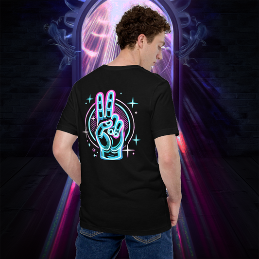 Men's black t-shirt featuring a neon peace hand sign design on the back, surrounded by glowing cosmic elements, set against a mystical portal background with radiant energy effects.