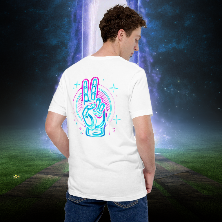 Men's white t-shirt featuring a neon peace hand sign design on the back, glowing in vibrant blue and pink hues, set against a mystical landscape with an illuminated portal in the distance.