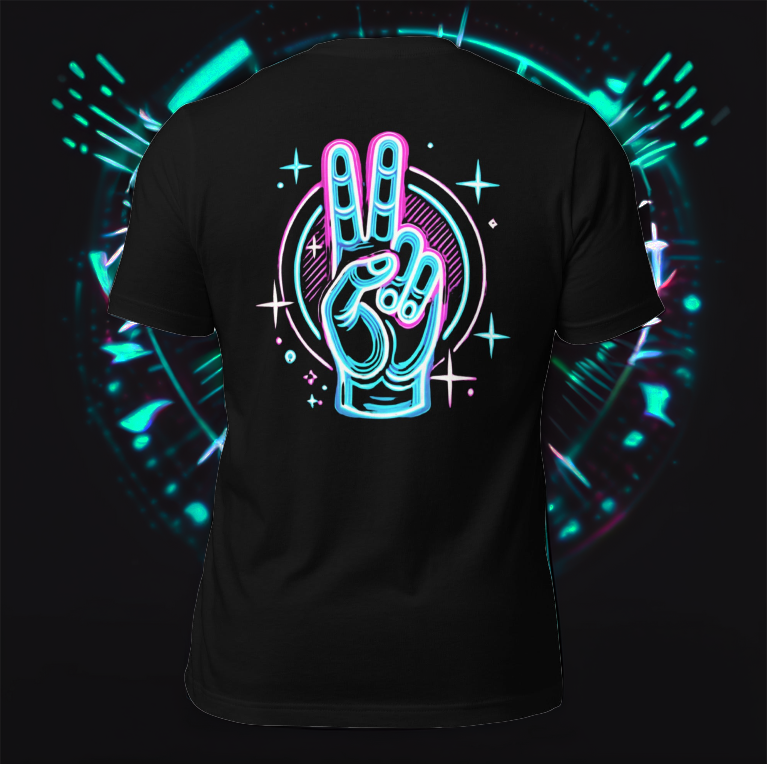 Black t-shirt featuring a neon peace hand sign design on the back, glowing in electric blue and pink hues, set against a futuristic digital background with vibrant light bursts.