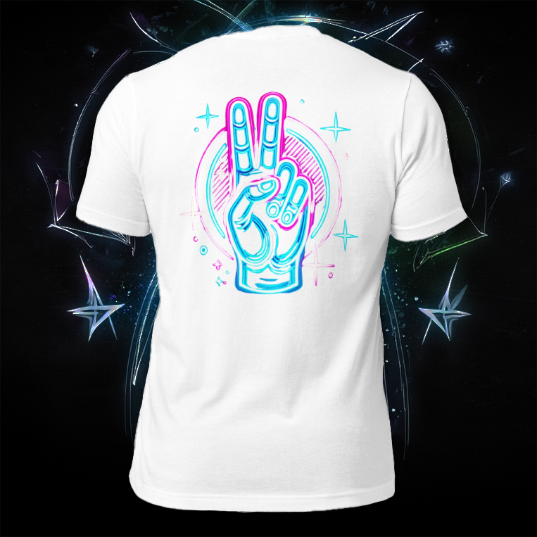 White t-shirt featuring a neon peace hand sign design in vibrant blue and pink, set against a cosmic-inspired background with glowing star-like elements.