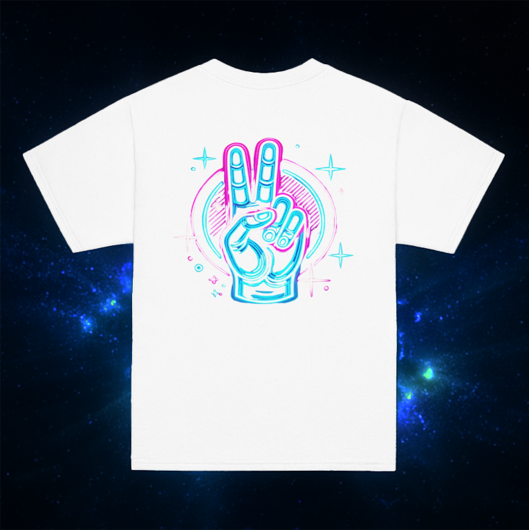 White youth T-shirt featuring a neon peace hand design in glowing blue and pink hues, set against a cosmic starry background.