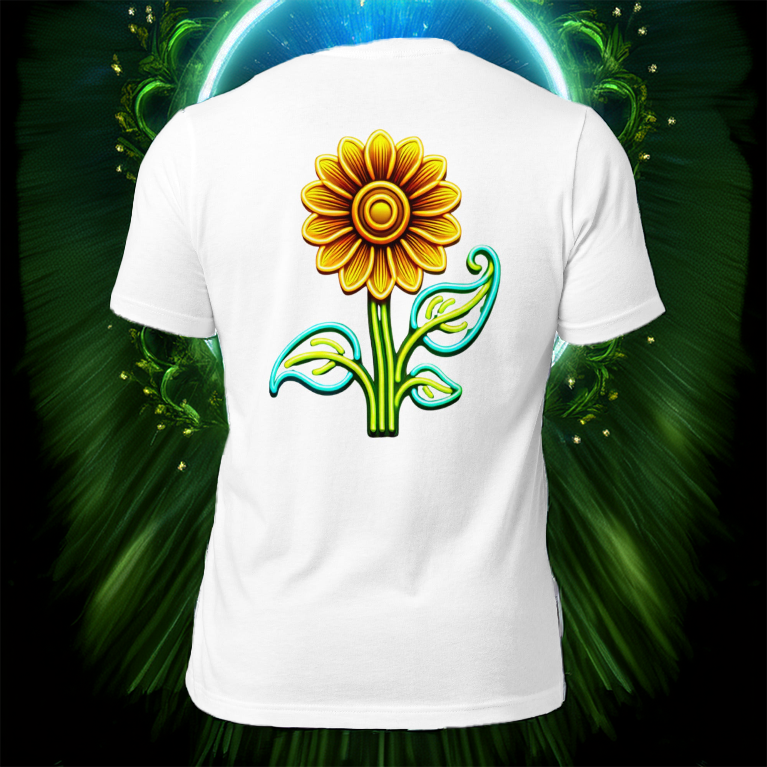 White T-shirt featuring a neon-style sunflower design, set against a radiant green cosmic background. Futuristic floral fashion with a vibrant aesthetic.
