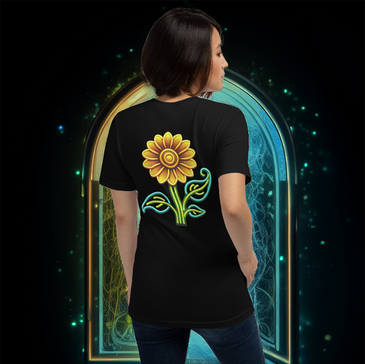 A woman wearing the Eclipsed Sunflower Tee in black. The back of the shirt features a glowing sunflower design with vibrant petals and intricate leaves. She stands before a mystical arched doorway illuminated by ethereal blue and gold light.