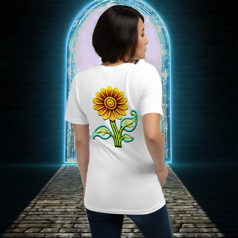Woman wearing a white T-shirt featuring a glowing neon sunflower design, standing before an illuminated arched doorway. Futuristic floral fashion statement.