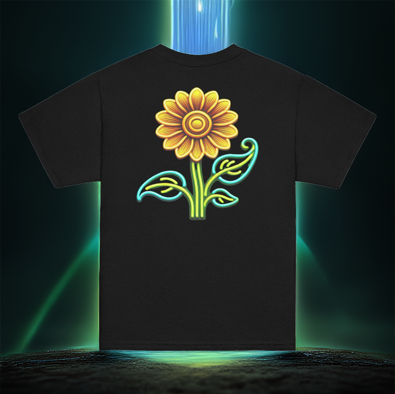 Youth-sized Eclipsed Sunflower Tee in black, featuring a radiant neon sunflower design on the back, set against a futuristic glowing portal with a cosmic energy effect.