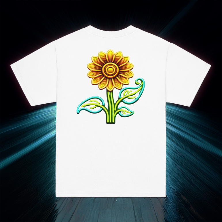 Youth-sized Eclipsed Sunflower Tee in white, featuring a vibrant neon sunflower design on the back, displayed against a futuristic glowing backdrop with a motion blur effect.