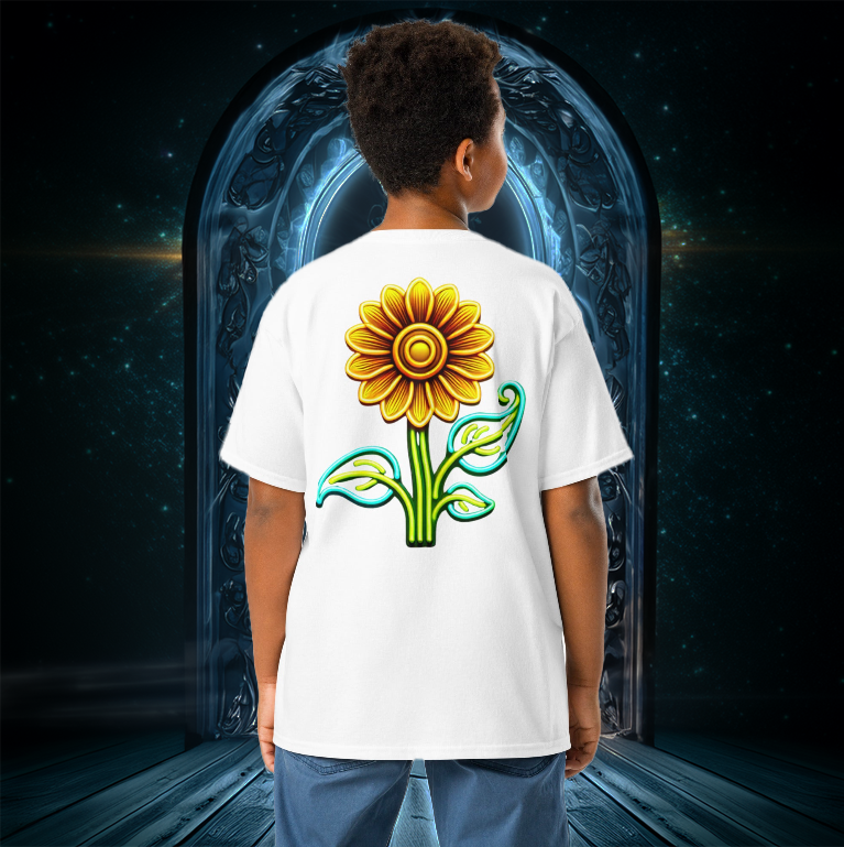 Boy wearing the Eclipsed Sunflower Youth Tee in white, featuring a neon sunflower design on the back, standing before a glowing mystical doorway with intricate dark blue patterns.