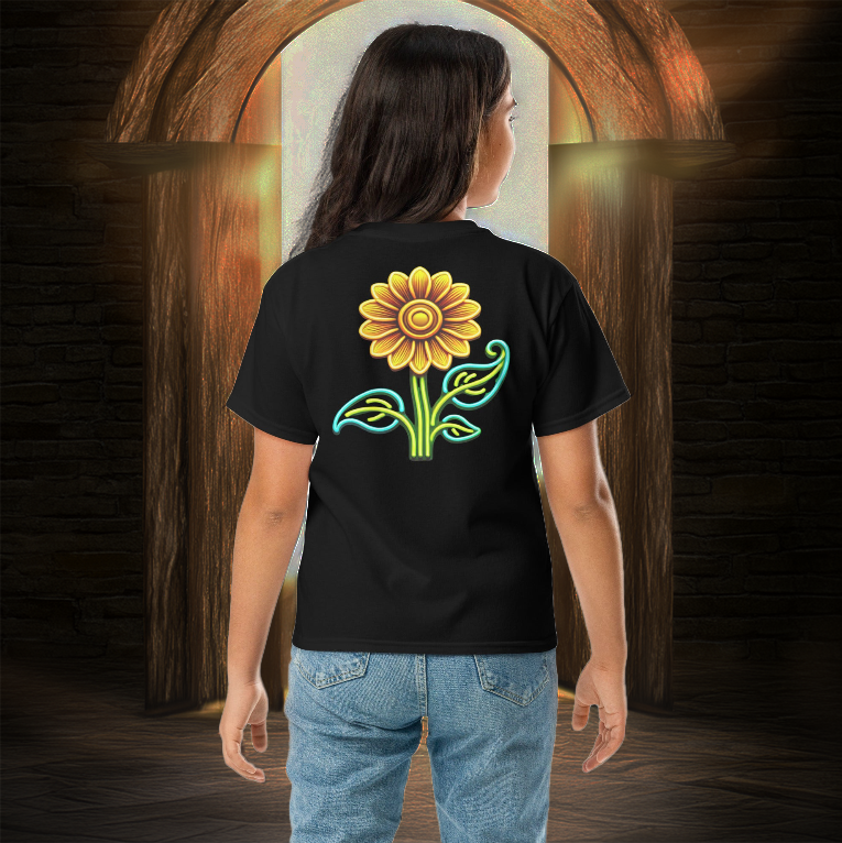 Girl wearing the Eclipsed Sunflower Youth Tee in black, featuring a glowing neon sunflower design on the back, standing before an enchanted golden-arched doorway with warm light shining through.