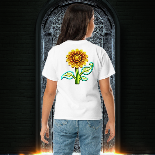 Girl wearing the Eclipsed Sunflower Youth Tee in white, featuring a glowing neon sunflower design on the back, standing in front of a mystical portal with intricate patterns.