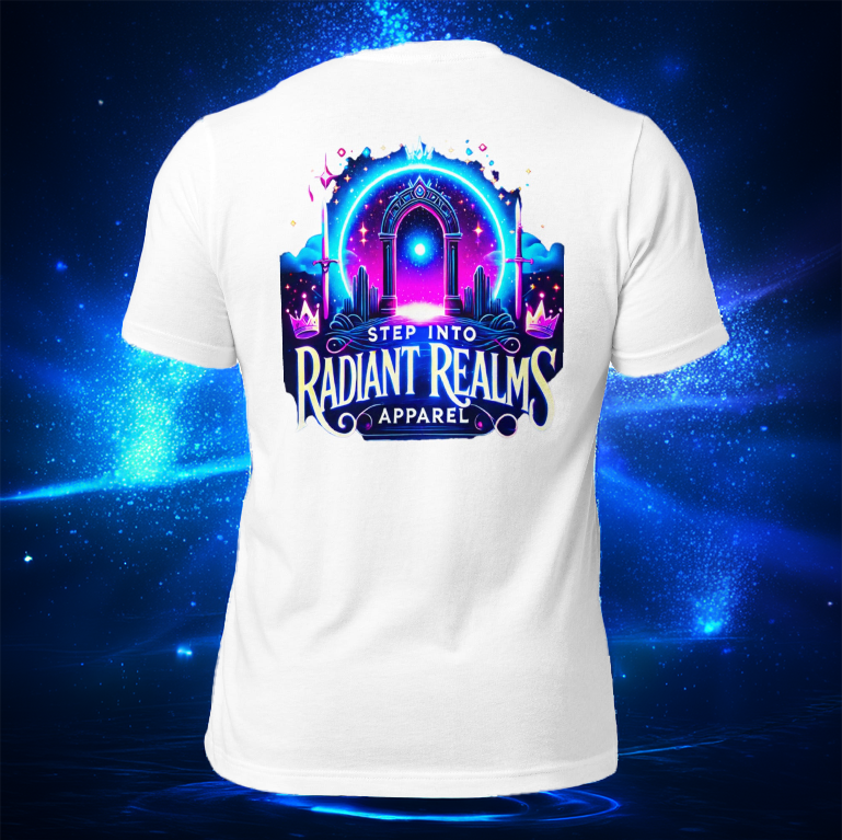 Realm Official Tee in white, showcased against a cosmic blue energy background. The glowing neon portal design with 'Step into Radiant Realms Apparel' text radiates a mystical and futuristic aesthetic.