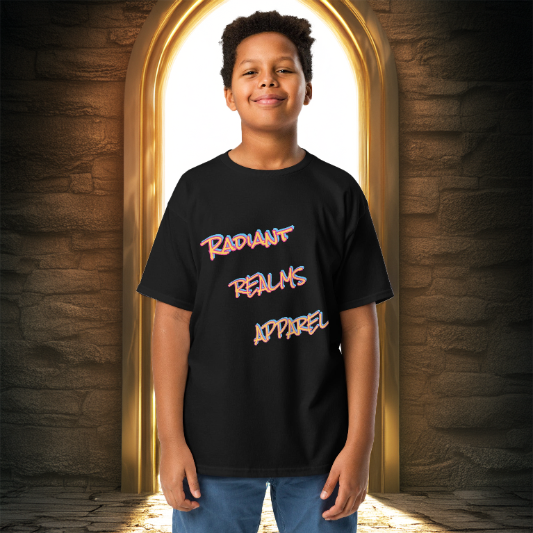 Confident young boy wearing a black 'Radiant Realms Apparel' youth tee, standing proudly in front of a golden arched portal with a mystical stone wall backdrop.