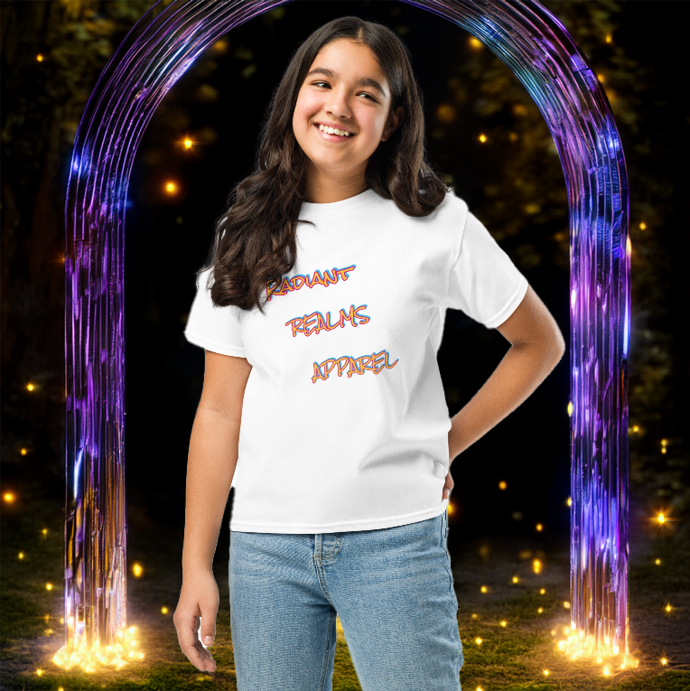 Smiling young girl wearing a white 'Radiant Realms Apparel' youth tee, standing confidently in front of a glowing purple and gold mystical portal with floating lights.