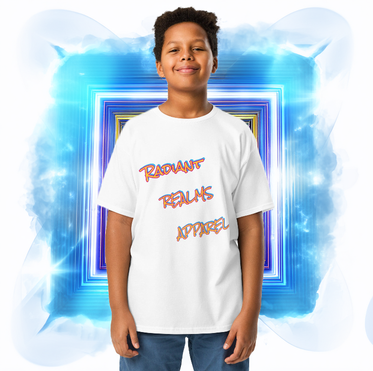 Young boy wearing a white youth tee with 'Radiant Realms Apparel' in vibrant, stylized text, standing confidently in front of a glowing blue and gold portal.