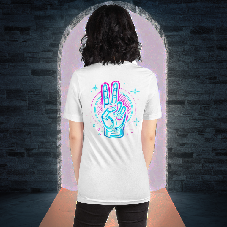 Women's white t-shirt featuring a neon peace hand sign design on the back, surrounded by glowing cosmic elements, set against a mystical portal background with radiant energy effects.